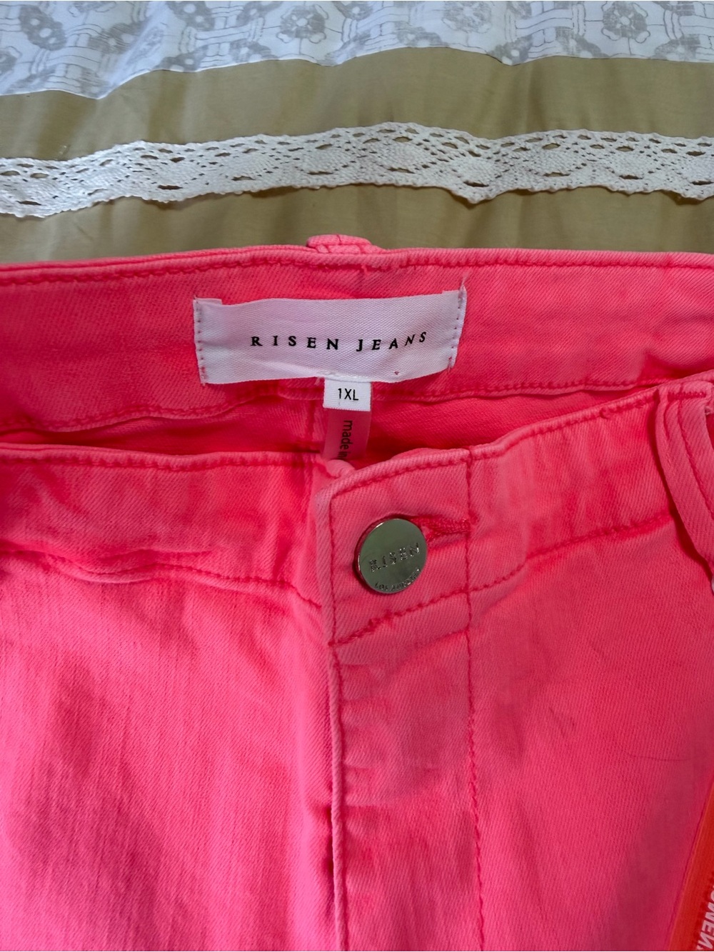 NWT Risen Jeans 1XL HOT Neon Coral Wide Leg Crop Pants High Rise Plus Size - Picture 5 of 10
